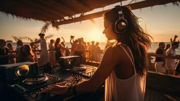 Beautiful female dj at beach party during sunset. Carefree life photo