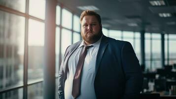 Overweight man in modern office. A fat man in a suit, an office worker. photo