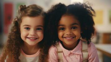 dos pequeño muchachas son amigos. muchachas con negro y blanco piel. colegio amigos foto