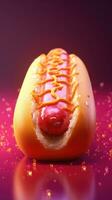 Delicious hotdog with pink cheese sauce. A unique pink sauce for fast food photo