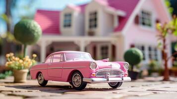 Pink toy classic car on the background of a blurred dollhouse. Toy world photo