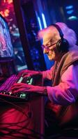 Elderly professional gamer playing online games computer photo