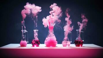 Potions. Love spell potion. Test tubes with pink smoke. AI generated image photo