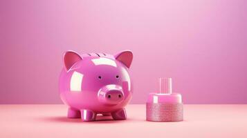 Pink perfumes and a piggy bank on a pink background. AI generated image photo