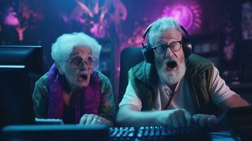 Funny elderly couple are playing computer games. Old gamers in a computer club. photo