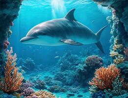Wonderful and beautiful underwater world with dolphin, corals and tropical fish. photo