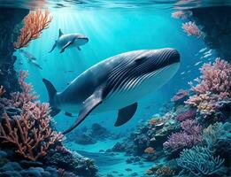 Wonderful and beautiful underwater world with whale, corals and tropical fish. photo
