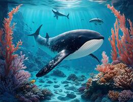 Wonderful and beautiful underwater world with whale, corals and tropical fish. photo