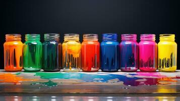 Empty glass jars with bright colors. Spilled paints on a dark background. AI photo