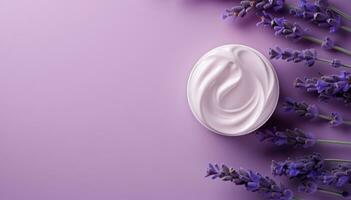 Natural lavender cosmetic cream. Moisturizer with lavender on purple background photo