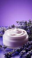 Natural lavender cosmetic cream. Moisturizer with lavender, purple AI background photo