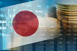 Japan flag with stock market finance, economy trend graph digital technology. photo