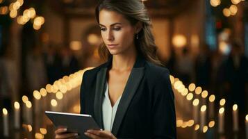 A woman holds a tablet in her hands and works. AI generated photo