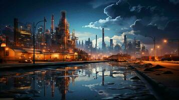 Industrial oil refinery petrochemical chemical plant with equipment and tall pipes at night. AI generated photo