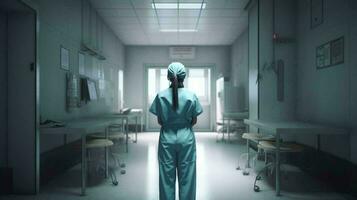 médico médico trabajador soportes en el corredor en el hospital médico instalaciones ver desde el atrás. ai generado foto