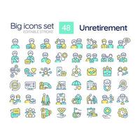 2D editable multicolor big line icons set representing unretirement, isolated vector, linear illustration. vector