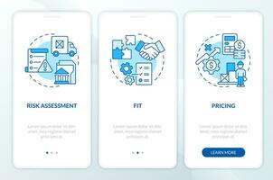 2d íconos representando vendedor administración móvil aplicación pantalla colocar. recorrido 3 pasos azul gráfico instrucciones con línea íconos concepto, ui, ux, gui modelo. vector