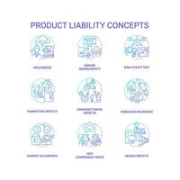 2D gradient icons set representing product liability concepts, isolated vector, thin line blue illustration. vector