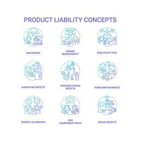 2D gradient icons set representing product liability concepts, isolated vector, thin line blue illustration. vector