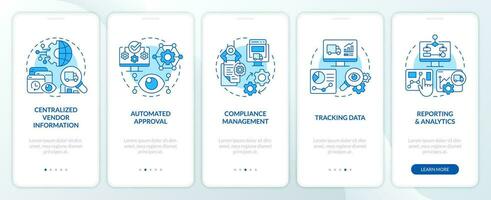 2D icons representing vendor management mobile app screen set. Walkthrough 5 steps blue graphic instructions with thin line icons concept, UI, UX, GUI template. vector