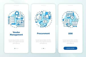 2D icons representing vendor management mobile app screen set. Walkthrough 3 steps blue graphic instructions with thin line icons concept, UI, UX, GUI template. vector