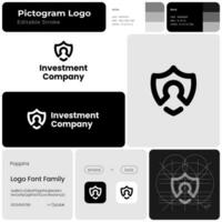 Investment company monochrome line business logo. Brand name. Financial service. Shield with lock. Design element. Visual identity. Suitable for asset management, home security firm vector