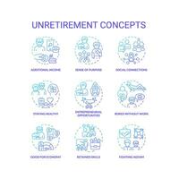 2D gradient icons set representing unretirement concepts, isolated vector, thin line blue illustration. vector