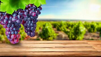 Wooden table with fresh red grapes and free space on nature blurred background, vineyard field. Generated AI. photo