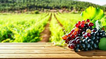 Wooden table with fresh red grapes and free space on nature blurred background, vineyard field. Generated AI. photo