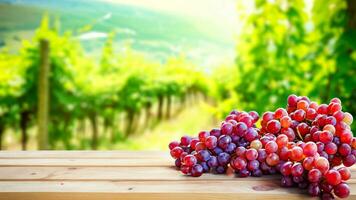 Wooden table with fresh red grapes and free space on nature blurred background, vineyard field. Generated AI. photo