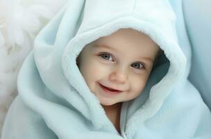 retrato de un linda pequeño chico en un azul tela antecedentes ai generado foto