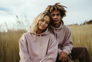 Moda al aire libre foto de hermosa Pareja con rubio pelo en elegante ropa posando en trigo campo ai generado