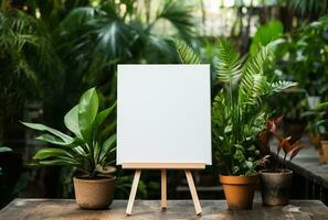 Easel with blank canvas on white wall background. Mockup AI Generated photo
