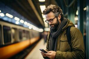 Young man using smart phone while waiting for train at the station AI Generated photo
