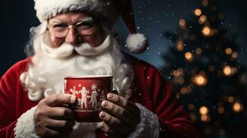 Papa Noel claus participación un taza de caliente bebida en su manos en oscuro antecedentes ai generado foto