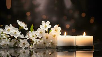 ramo de flores de blanco magnolia flores con ardiente vela en negro antecedentes ai generado foto