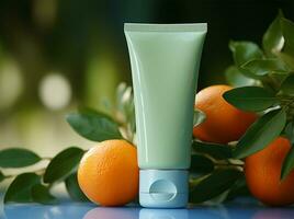 cosmetic cream and orange on a green background, healthy skin care AI Generated photo