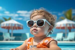 linda bebé con Gafas de sol en nadando piscina. verano vacaciones concepto ai generado foto