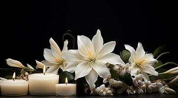 Bouquet of white magnolia flowers with burning candle on black background AI Generated photo