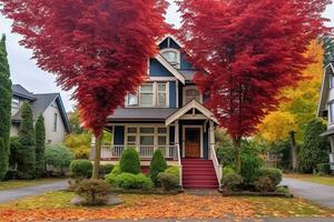 lujo casa con veranda, grande árbol y bonito paisaje ai generado foto