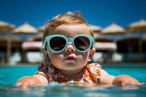 linda bebé con Gafas de sol en nadando piscina. verano vacaciones concepto ai generado foto