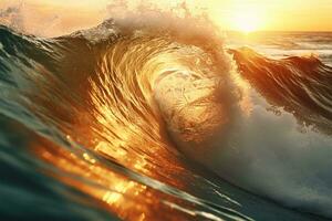 Closeup of ocean breaking waves. Sunset dawn crashing sea break Ai Generated photo