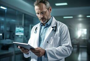 Serious mature doctor using digital tablet in hospital. Medical and healthcare concept AI Generated photo