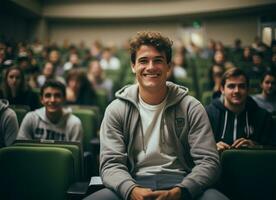 retrato de un sonriente joven hombre sentado en un conferencia salón ai generado foto