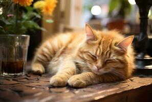 hermosa jengibre gato dormido en de madera mesa en jardín, de cerca ai generado foto