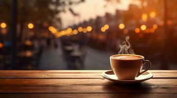 Coffee cup on wooden table in front of bokeh background AI Generated photo