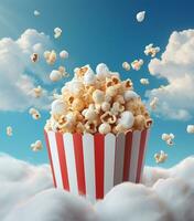 Popcorn with red striped box on blue sky background AI Generated photo