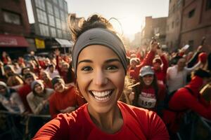 multiethnic group of people running in the city at early morning AI Generated photo