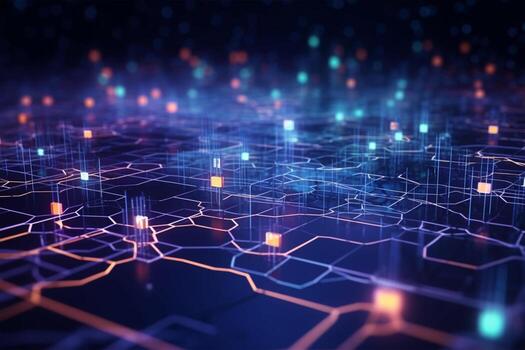 Blockchain data fields. Network line connect stream. Concept of AI technology, digital communication, Cyber big data flow science research, 3D illustration music waves 4k Ai Generated photo