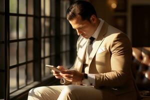 Close up of businesswoman using mobile phone while sitting on sofa in office AI Generated photo